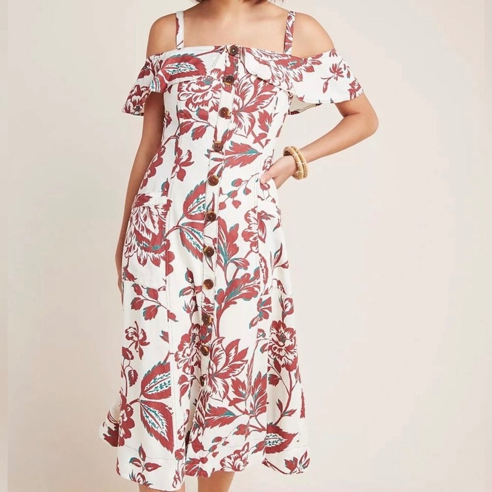 Anthropologie Cream & Red Floral Oahu Off The Shoulder Midi Dress Size 6